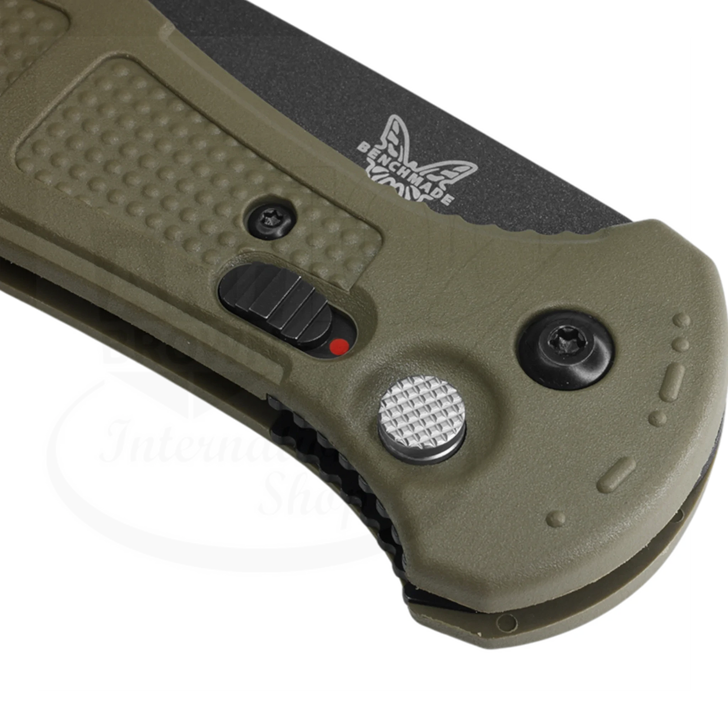Benchmade Claymore Ranger Green Grivory® Drop Point Auto green handle close-up gallery 10 2048x2048 square