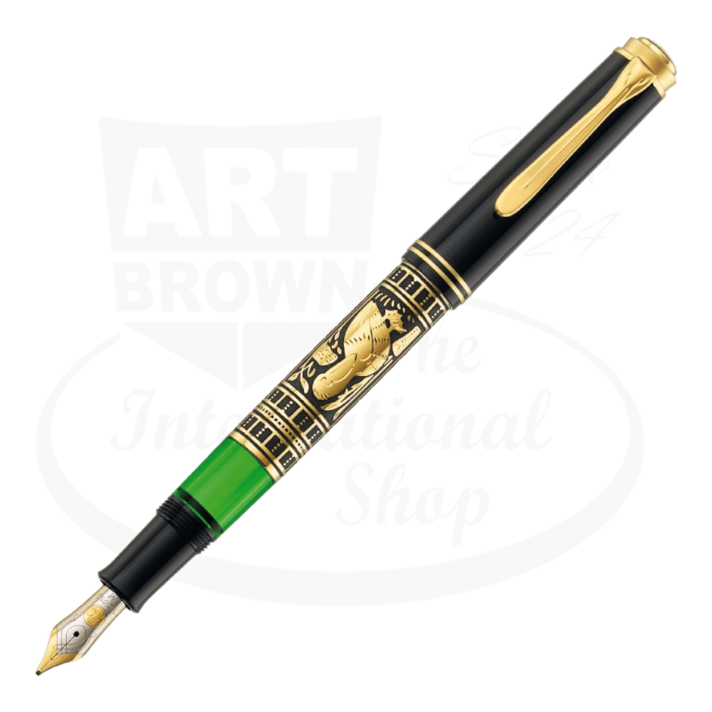 Pelikan Toledo M900 fountain pen with black resin body, engraved gold-plated sterling silver barrel, 18K gold nib, green ink window