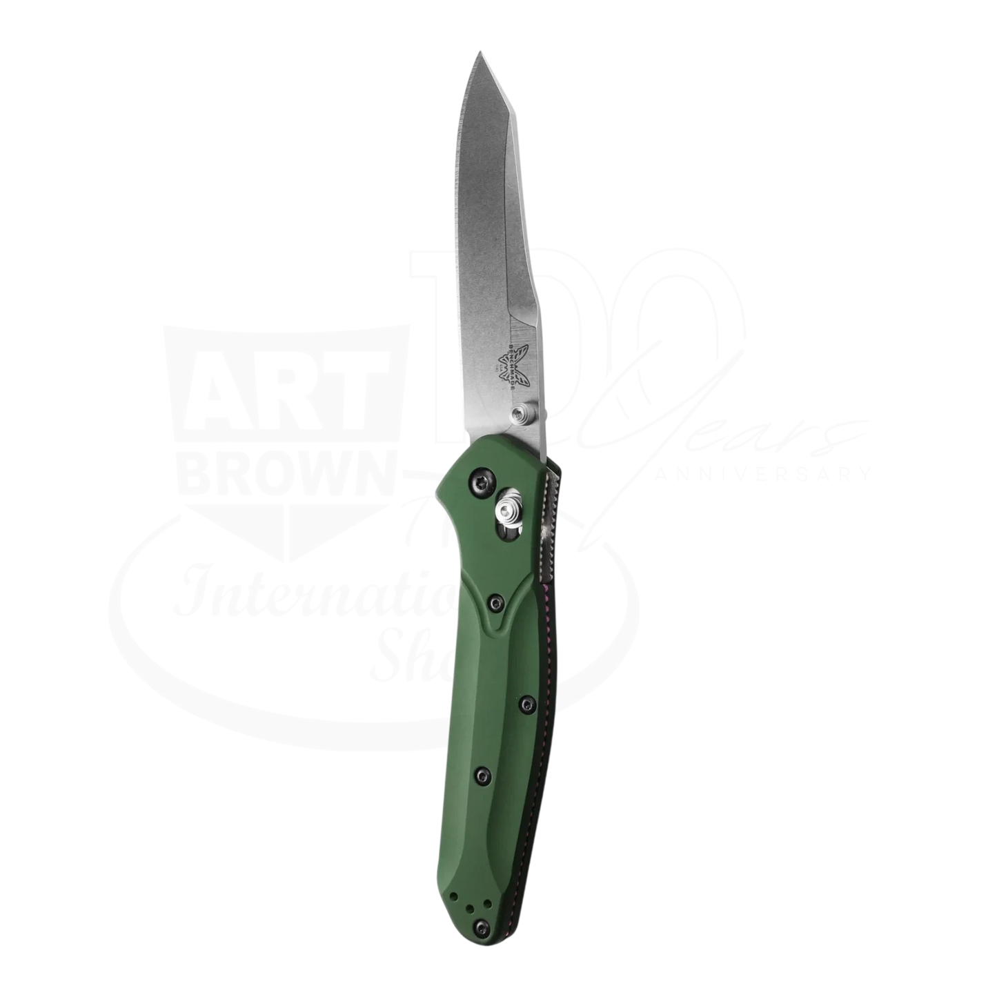 Benchmade Osborne Green Aluminum Reverse Tanto knife with slim green aluminum handle and sharp tanto blade square gallery shot 3