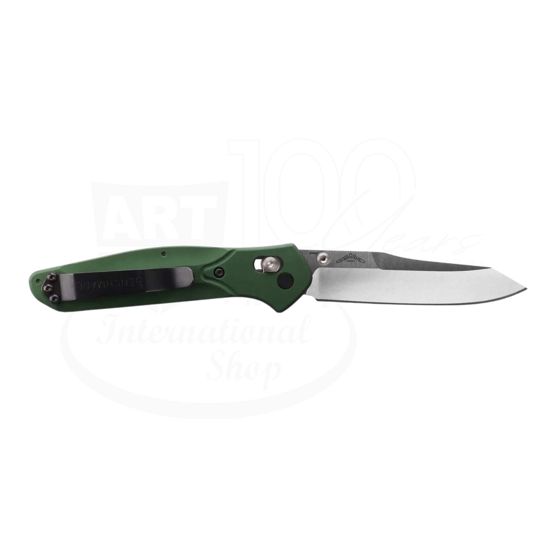 Benchmade Osborne Green Aluminum Reverse Tanto folding knife with slim green aluminum handle and stainless steel blade, gallery 4 square view