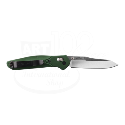 Benchmade Osborne Green Aluminum Reverse Tanto folding knife with slim green aluminum handle and stainless steel blade, gallery 4 square view