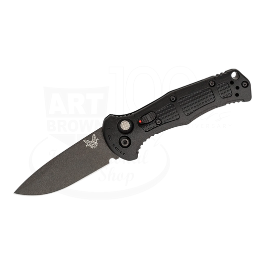 Benchmade Mini Claymore Black Grivory® tactical folding knife with textured handle and matte black blade 