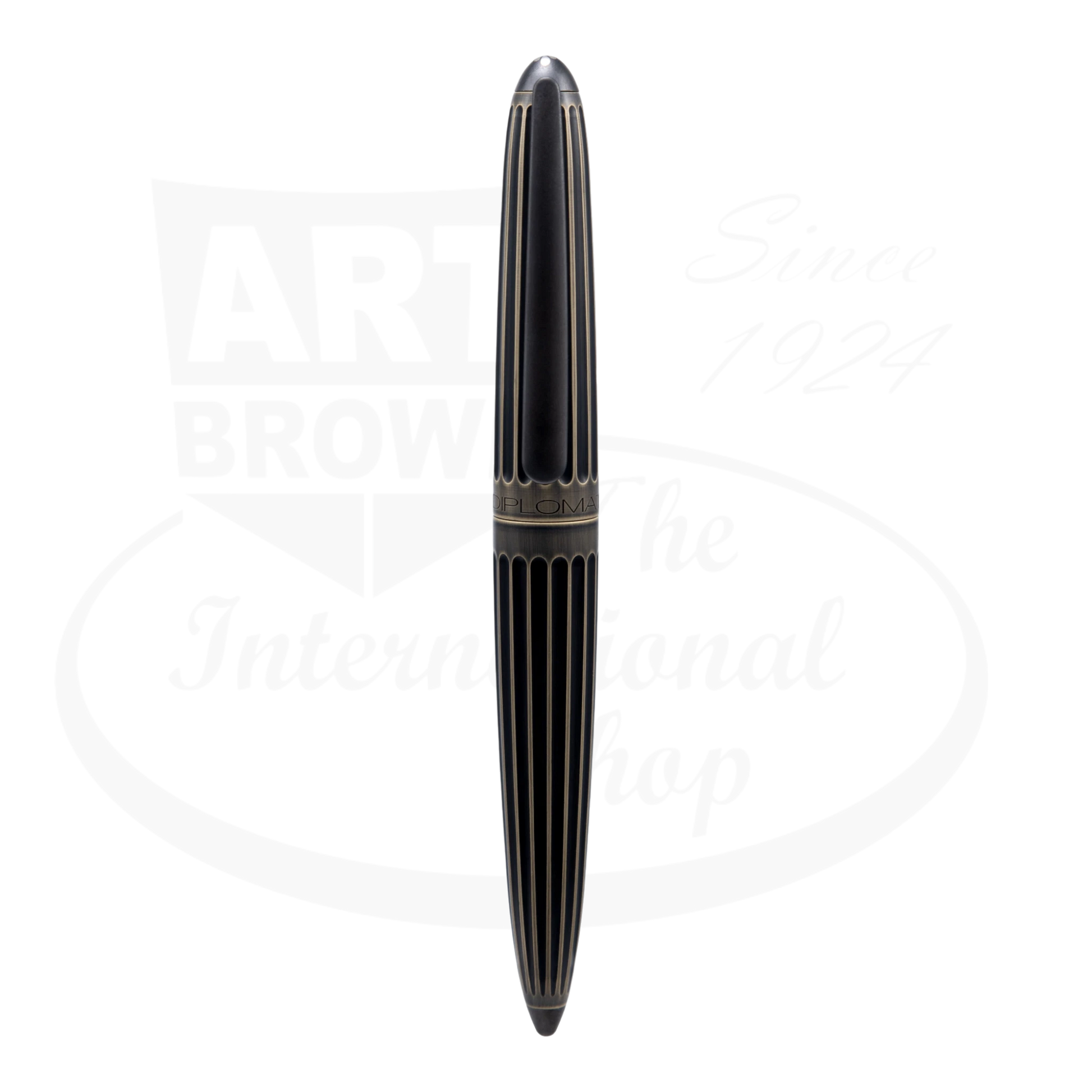 Diplomat Aero Oxyd Brass Fountain Pen D40322025 with black oxidized brass body and vertical grooves design
