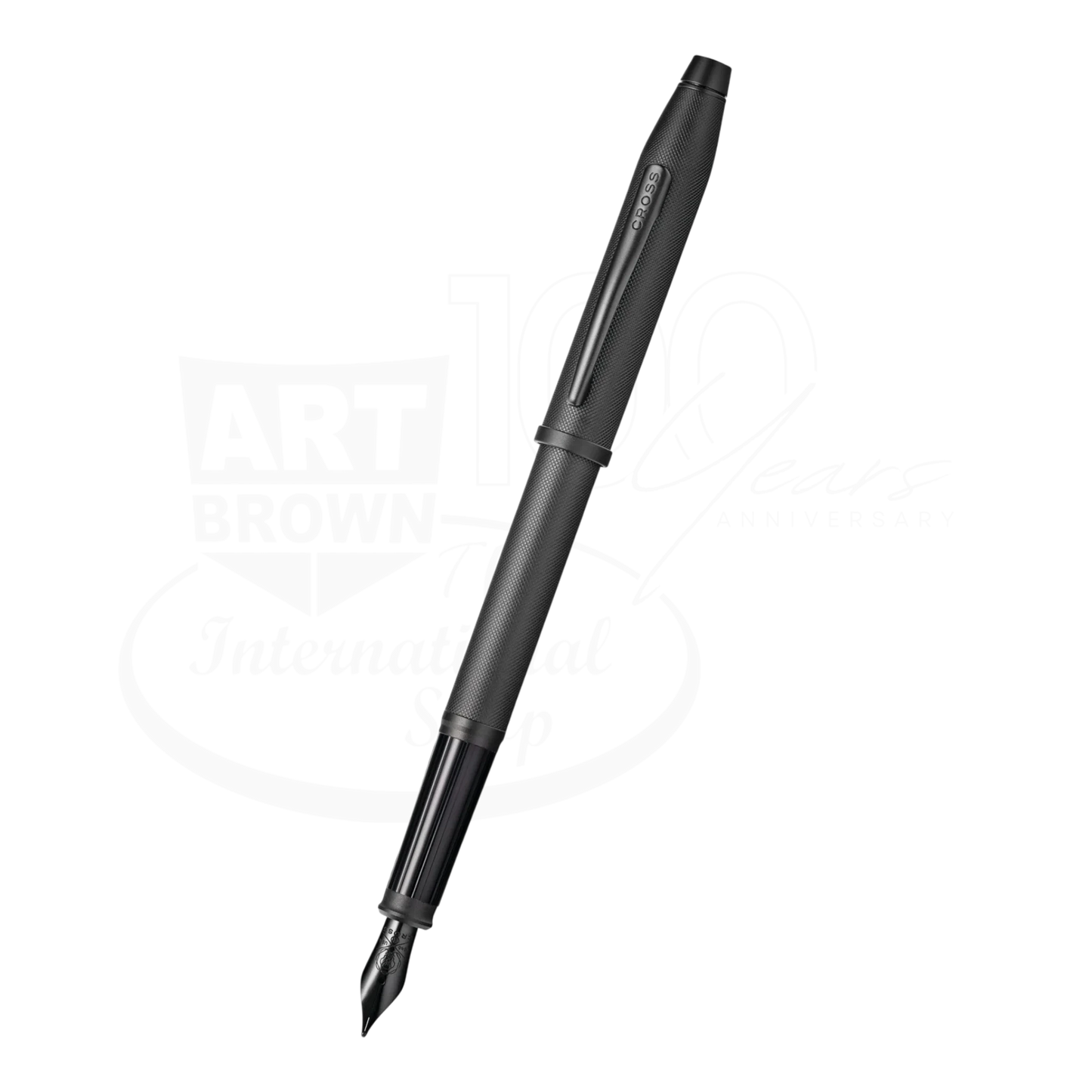 Cross Century® II Black PVD Micro-knurl Fine Nib Fountain Pen, slim matte black finish, uncapped 