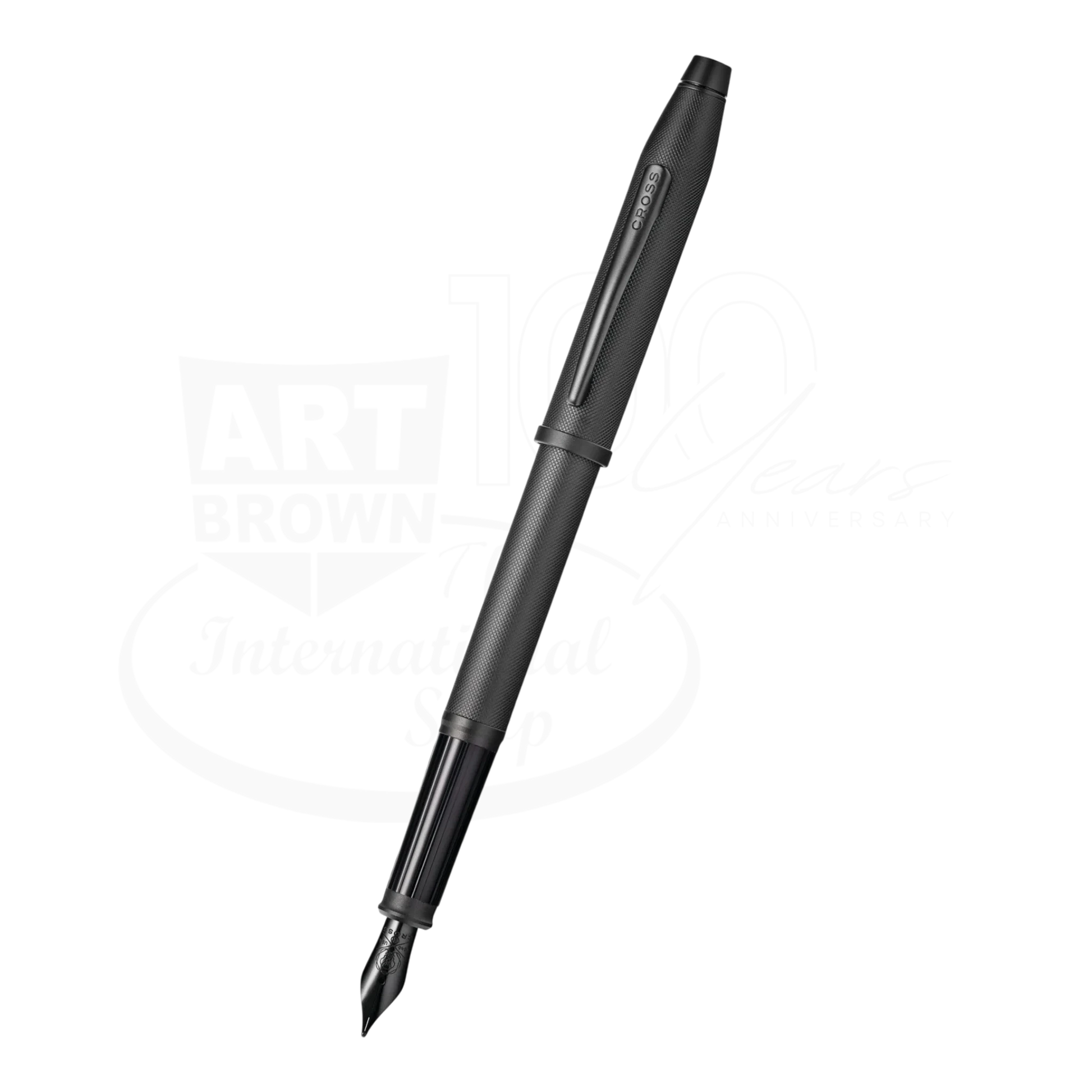 Cross Century® II Black PVD Micro-knurl Fine Nib Fountain Pen, slim matte black finish, uncapped 