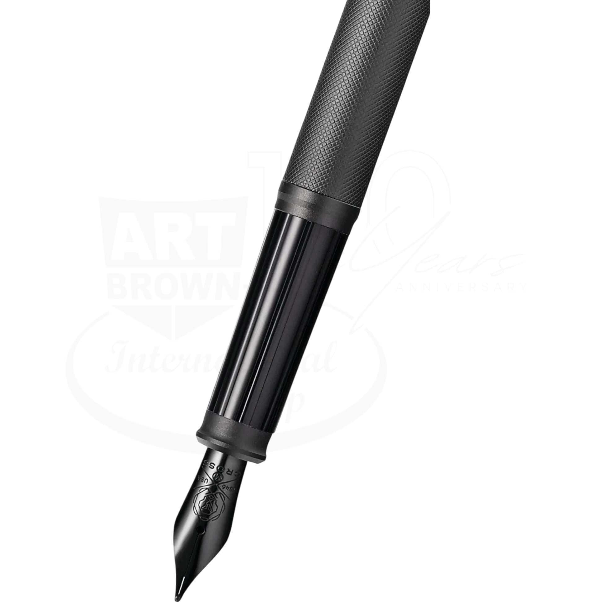 Cross Century® II Black PVD Micro-knurl Fine Nib Fountain Pen, slim matte black finish, closeup view of nib and grip section