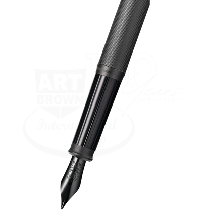 Cross Century® II Black PVD Micro-knurl Fine Nib Fountain Pen, slim matte black finish, closeup view of nib and grip section
