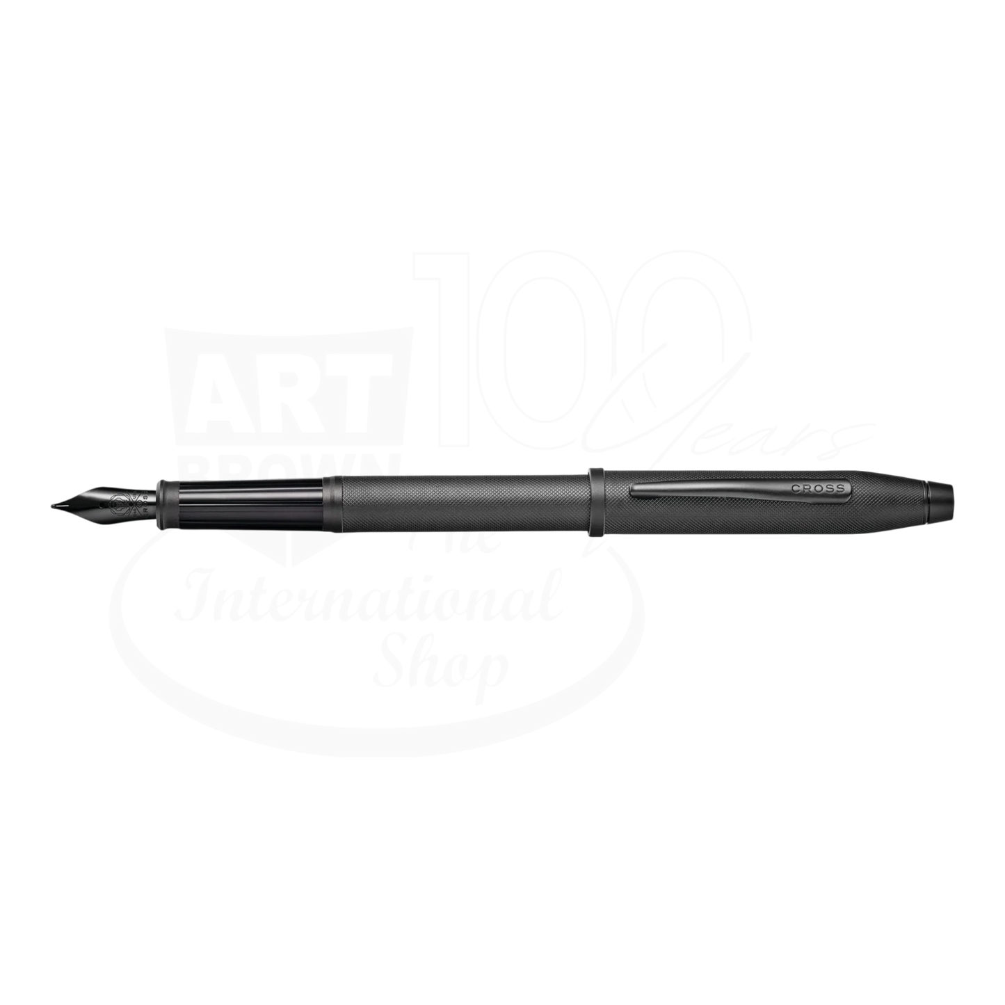 Cross Century® II Black PVD Micro-knurl Fine Nib Fountain Pen, slim matte black finish, uncapped, showing Cross logo engraved on clip