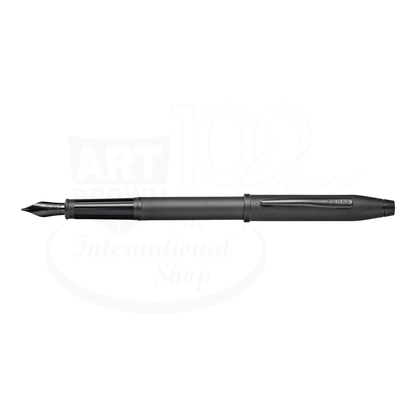 Cross Century® II Black PVD Micro-knurl Fine Nib Fountain Pen, slim matte black finish, uncapped, showing Cross logo engraved on clip