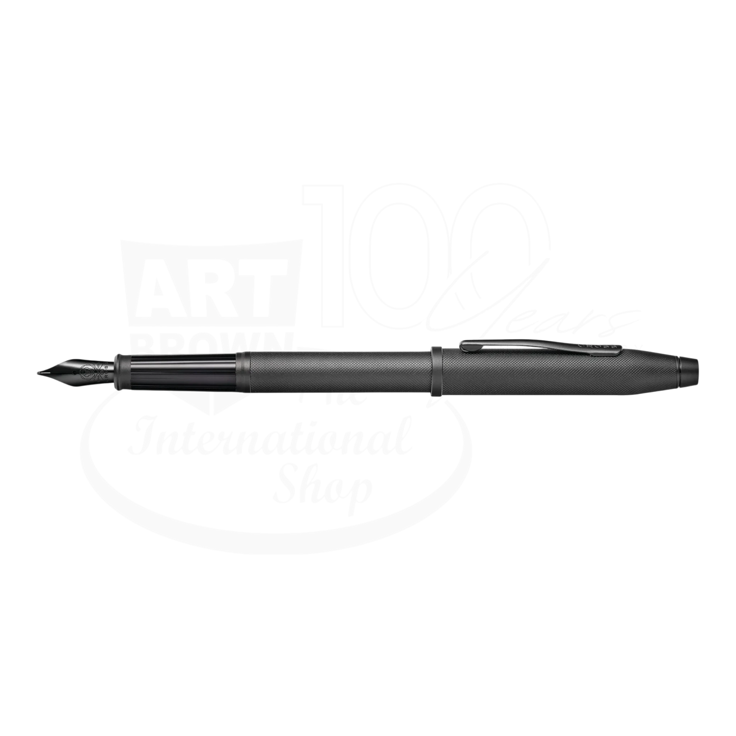 Cross Century® II Black PVD Micro-knurl Fine Nib Fountain Pen, slim matte black finish, uncapped, seen from the side