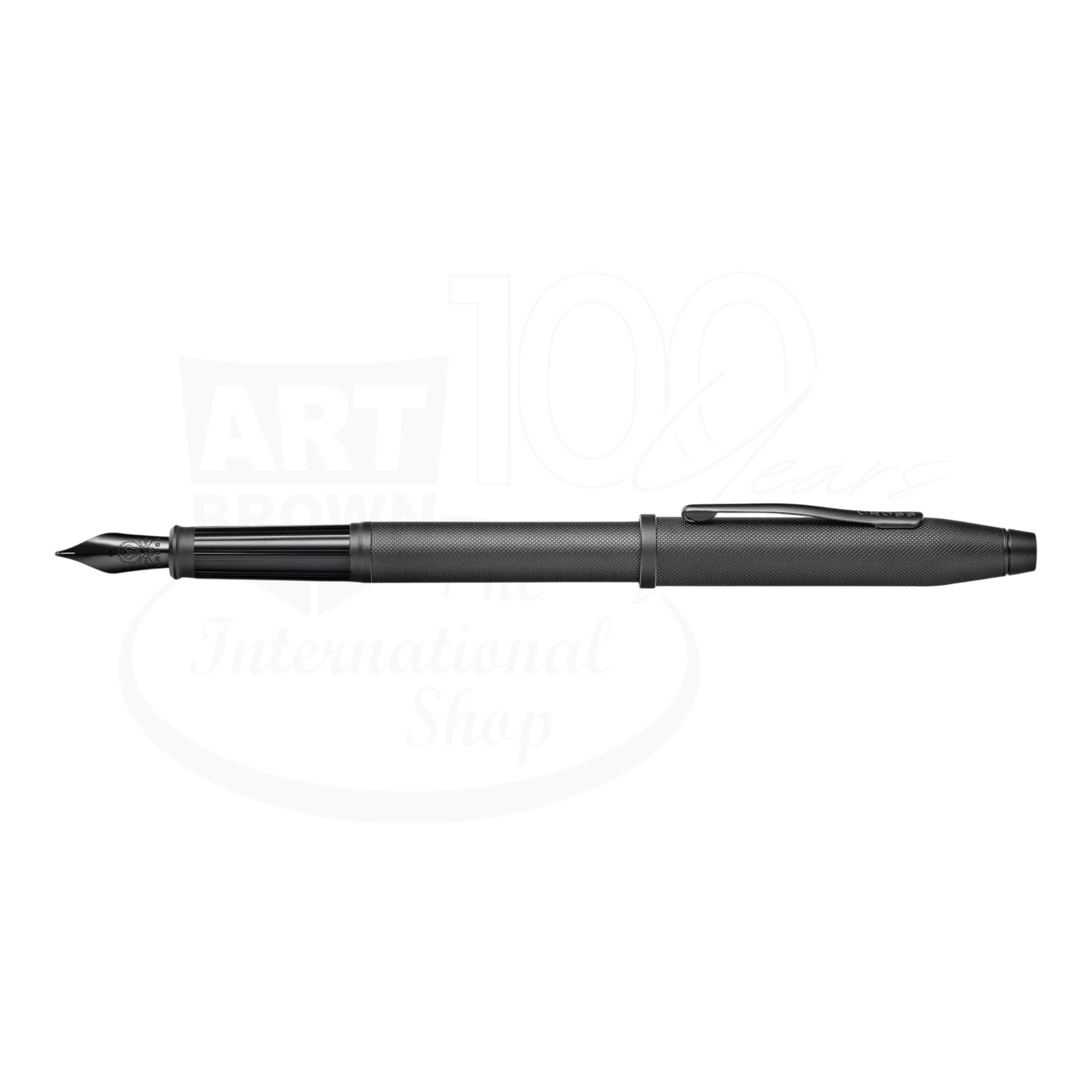 Cross Century® II Black PVD Micro-knurl Fine Nib Fountain Pen, slim matte black finish, uncapped, seen from the side