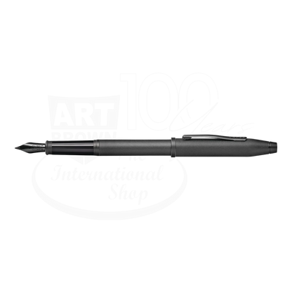 Cross Century® II Black PVD Micro-knurl Fine Nib Fountain Pen, slim matte black finish, uncapped, seen from the side