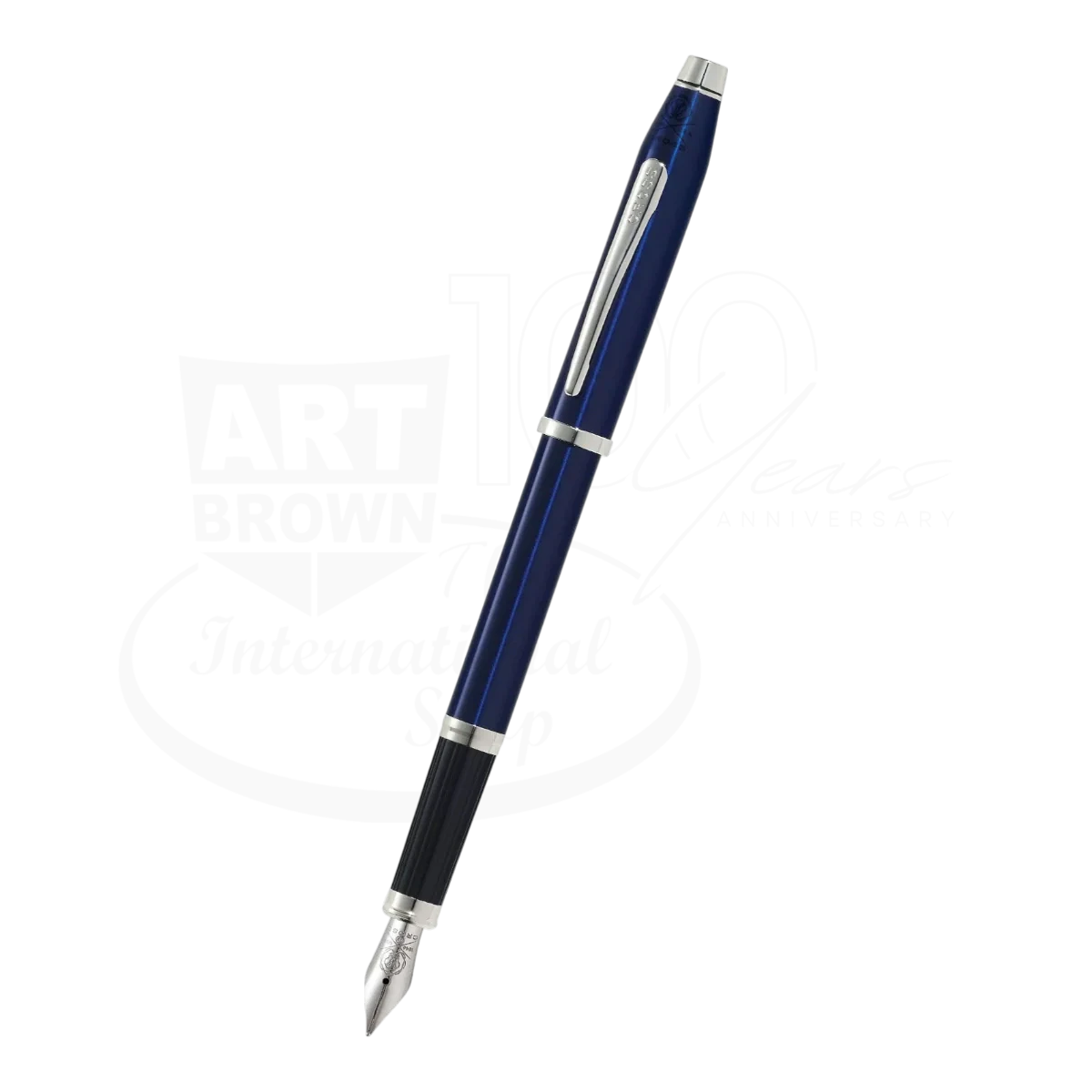 Century® II Translucent Blue Lacquer Fine Nib Fountain Pen with silver clip and nib, blue resin barrel, black grip section
