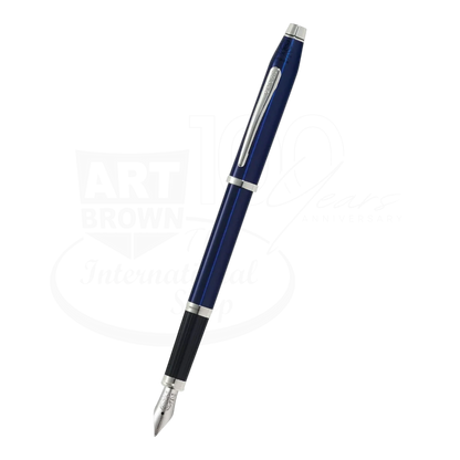 Century® II Translucent Blue Lacquer Fine Nib Fountain Pen with silver clip and nib, blue resin barrel, black grip section