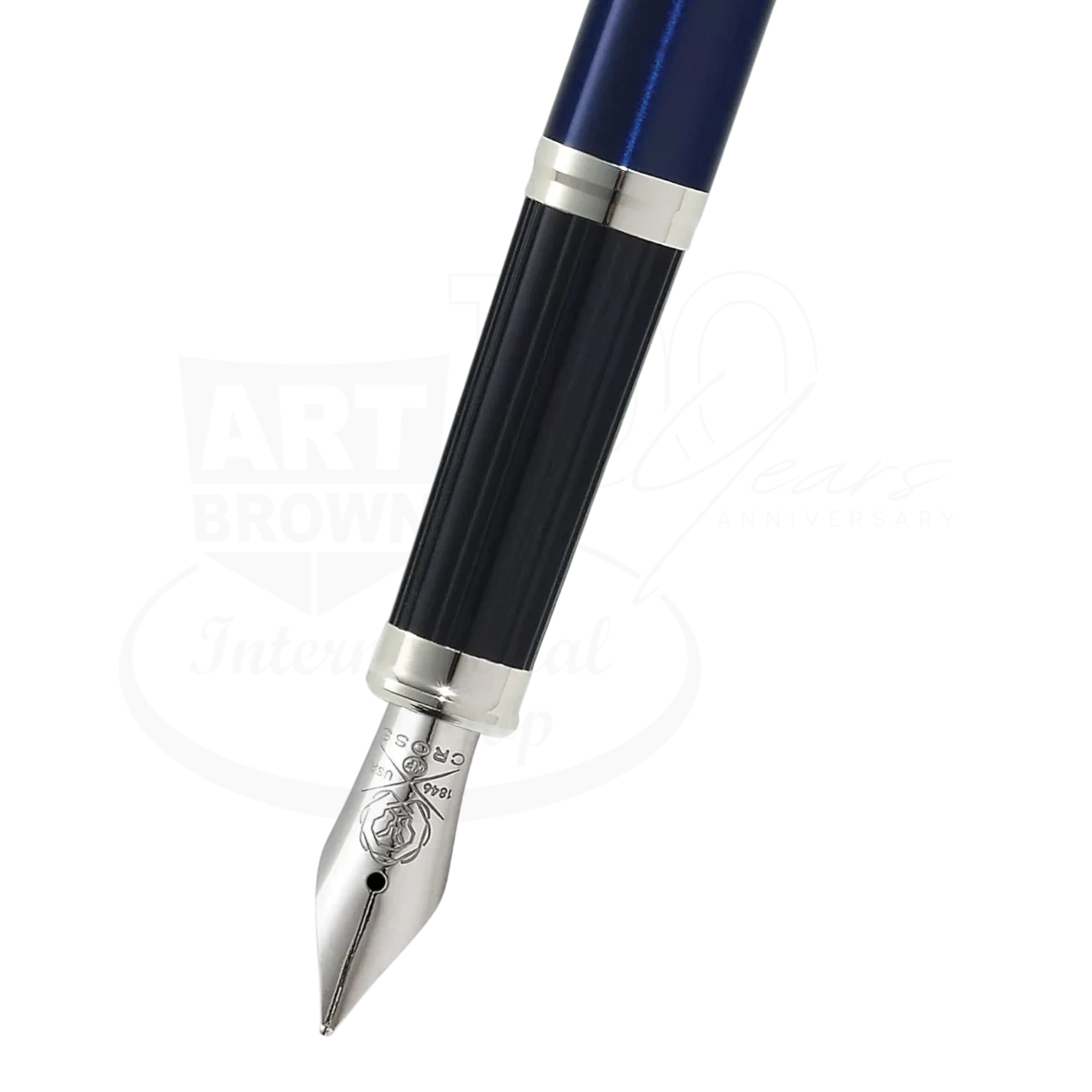 Century® II Translucent Blue Lacquer Fine Nib Fountain Pen with silver nib and black grip section in lacquer finish