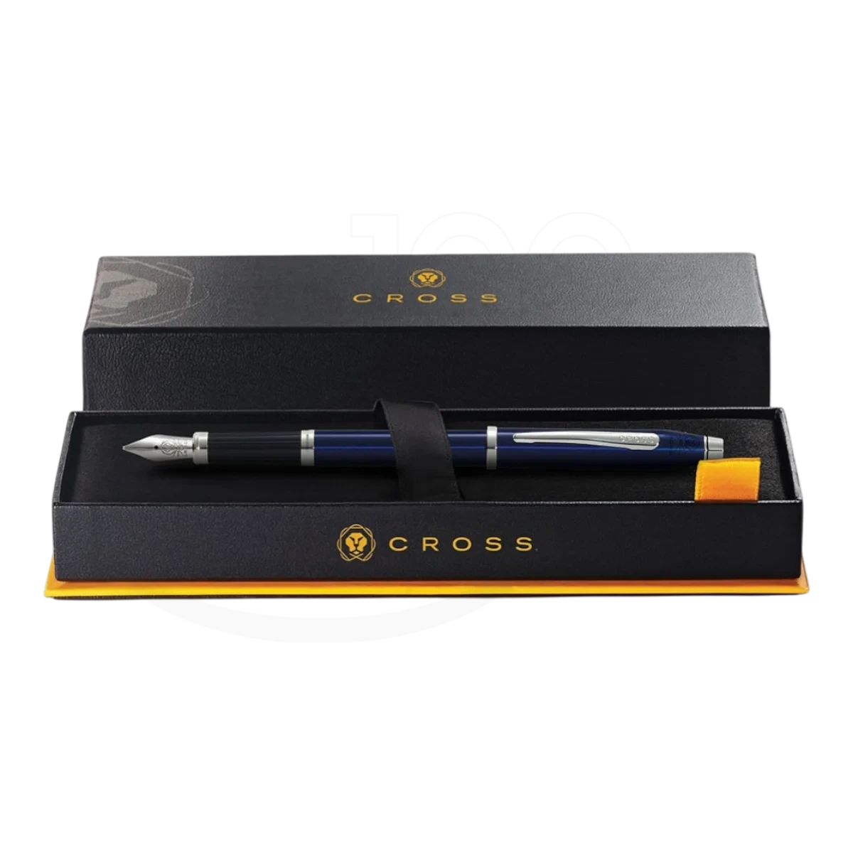 Century® II Translucent Blue Lacquer Fine Nib Fountain Pen in black and blue lacquer with silver accents presented in a black gift box