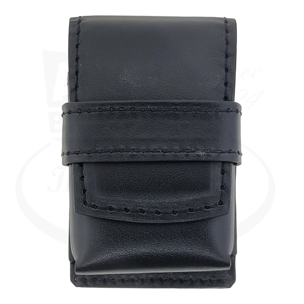 S.T. Dupont luxury black leather lighter case with elegant stitching detail and secure flap closure, crafted for premium protection and sophisticated style.