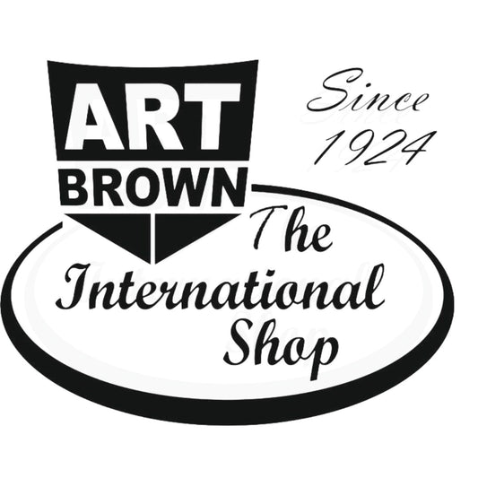Art Brown Gift Card black and white logo with text The International Shop since 1924 icon design