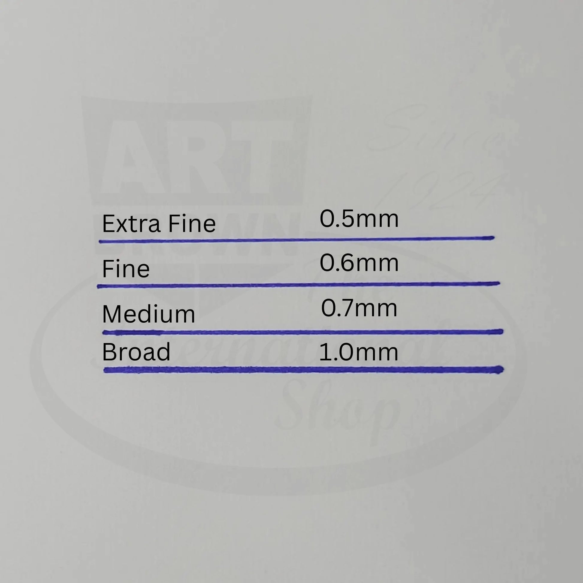 Art Brown Rollerball Refills for ST Dupont Pens in blue ink showing line thickness from 0.5mm to 1.0mm