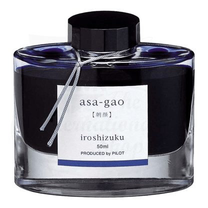 Pilot Iroshizuku asa-gao glass bottle fountain pen ink in deep blue-purple, 50ml capacity with black screw cap and decorative silver cord