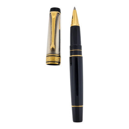 Preowned Aurora Optima Black & Sterling Silver Barley Grain Rollerball Pen