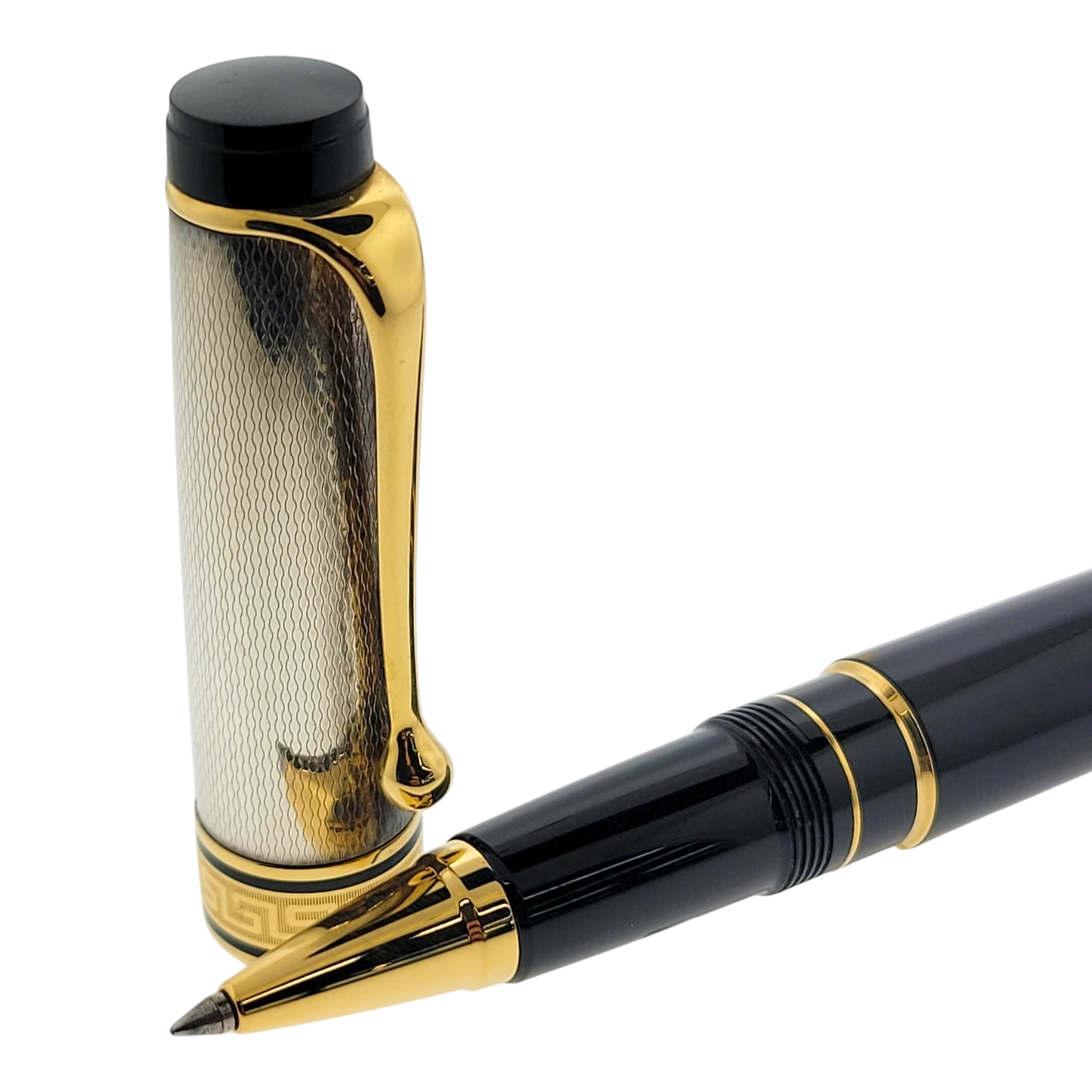 Preowned Aurora Optima Black & Sterling Silver Barley Grain Rollerball Pen