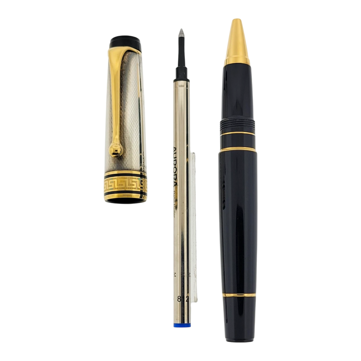 Preowned Aurora Optima Black & Sterling Silver Barley Grain Rollerball Pen