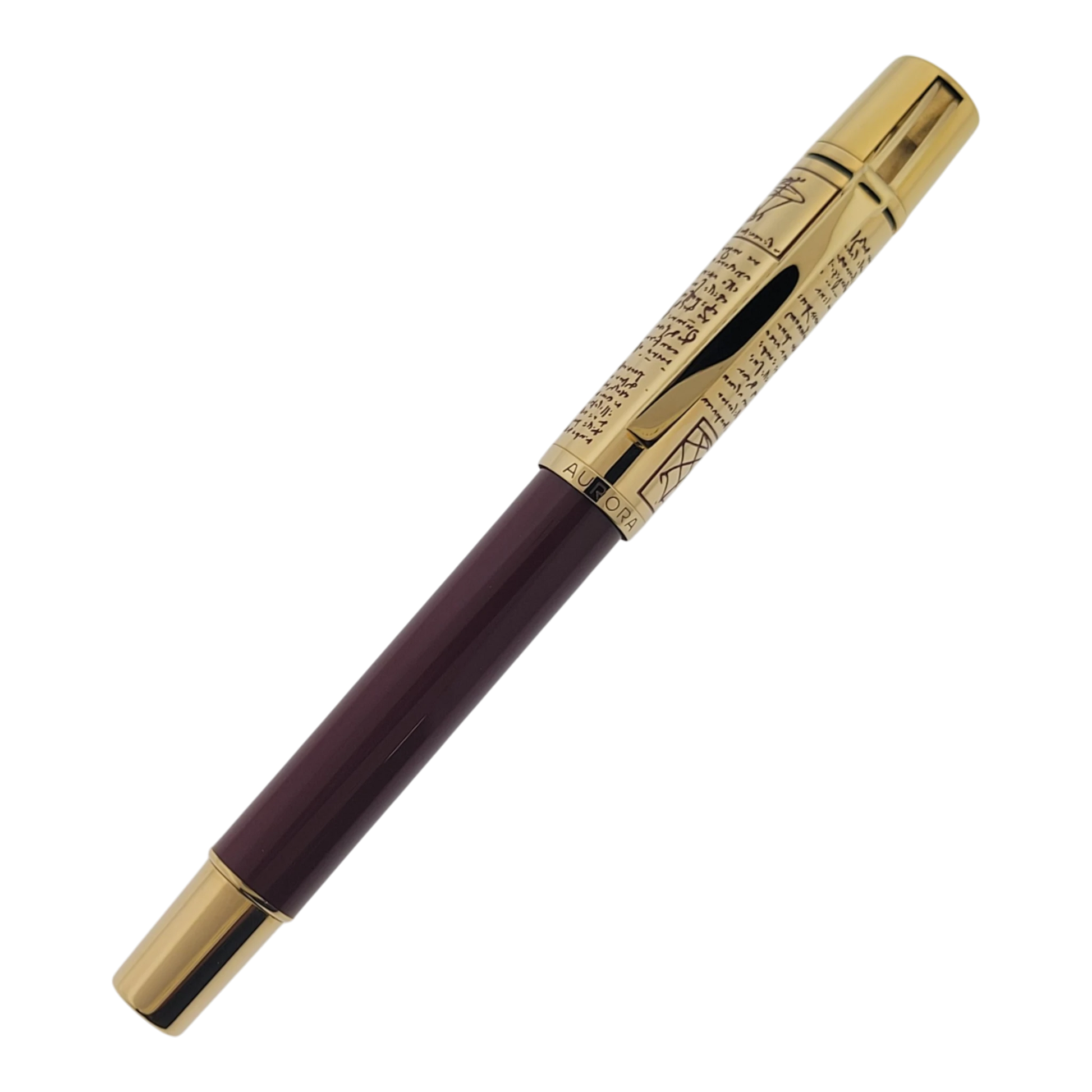 Preowned Aurora Limited Edition Leonardo Da Vinci Fountain Pen with gold accents and intricate historic script design