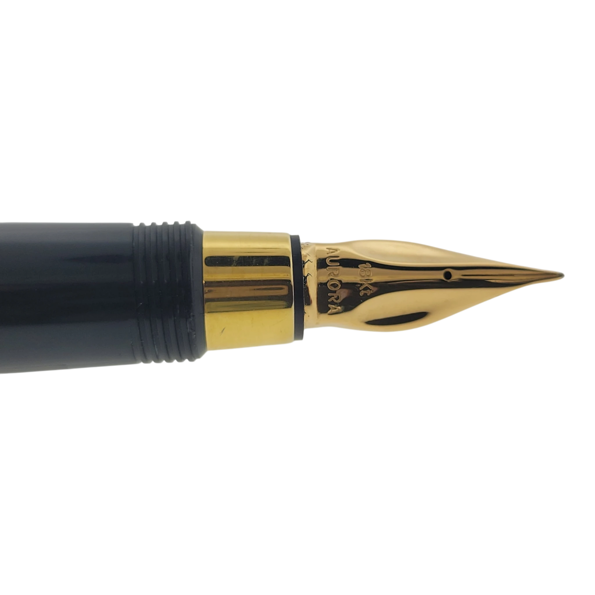 Preowned Aurora Limited Edition Leonardo Da Vinci Fountain Pen gold nib close-up with black and gold detailing luxury pen