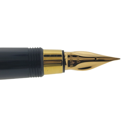 Preowned Aurora Limited Edition Leonardo Da Vinci Fountain Pen gold nib close-up with black and gold detailing luxury pen