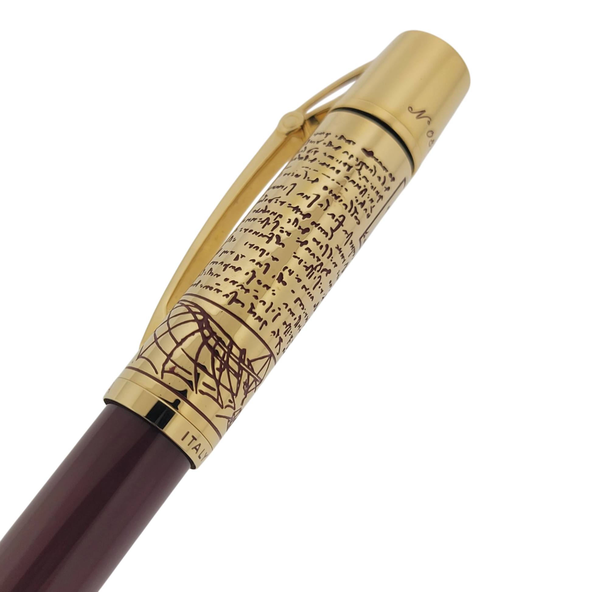 Preowned Aurora Limited Edition Leonardo Da Vinci Fountain Pen with gold detailing and script design on cap in mint condition