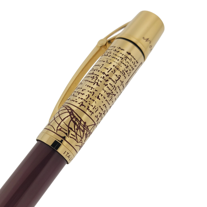Preowned Aurora Limited Edition Leonardo Da Vinci Fountain Pen with gold detailing and script design on cap in mint condition