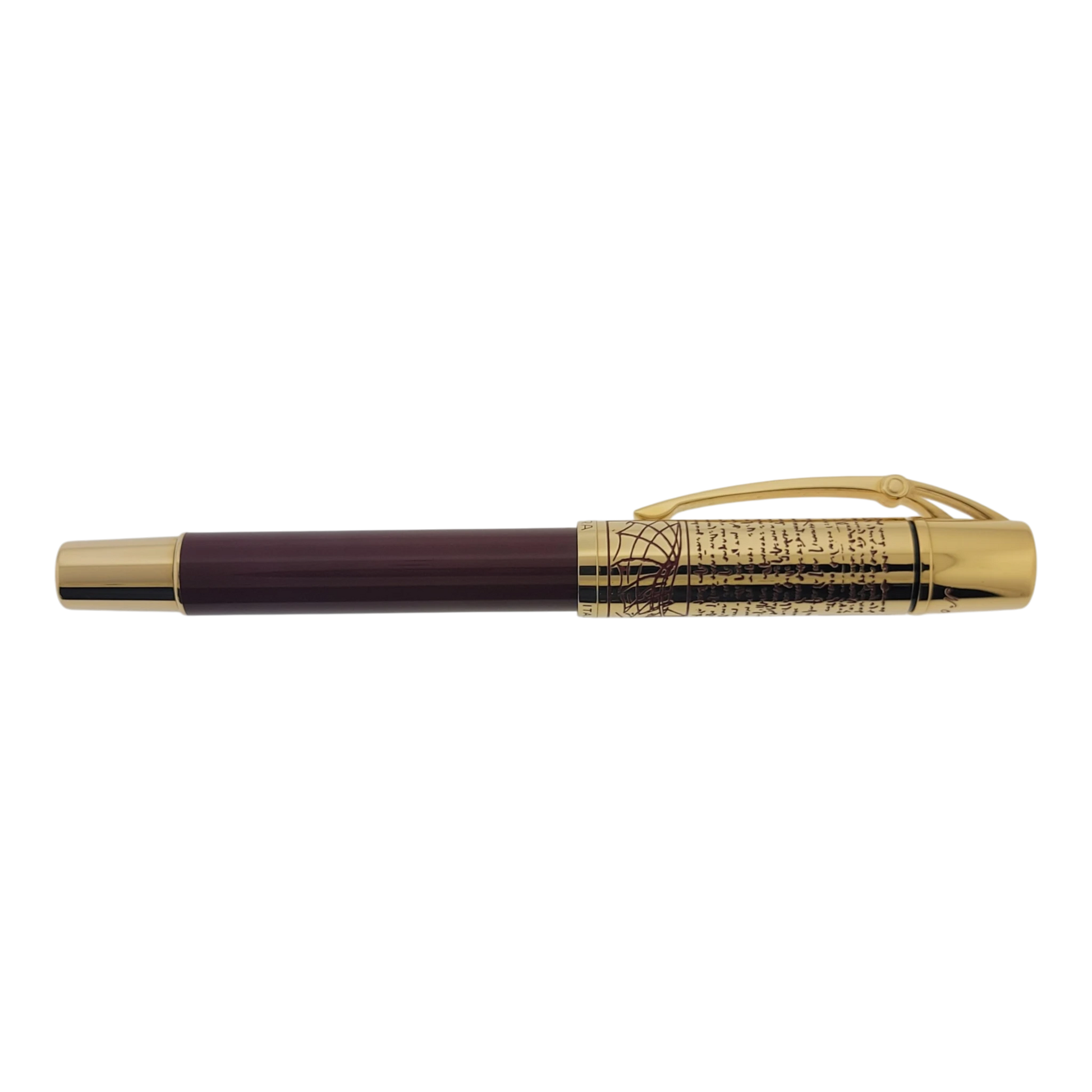 Preowned Aurora Limited Edition Leonardo Da Vinci Fountain Pen with gold accents and elegant guilloche design in mint condition