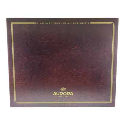 Preowned Aurora Limited Edition Leonardo Da Vinci Fountain Pen original wooden box with gold lettering and trim