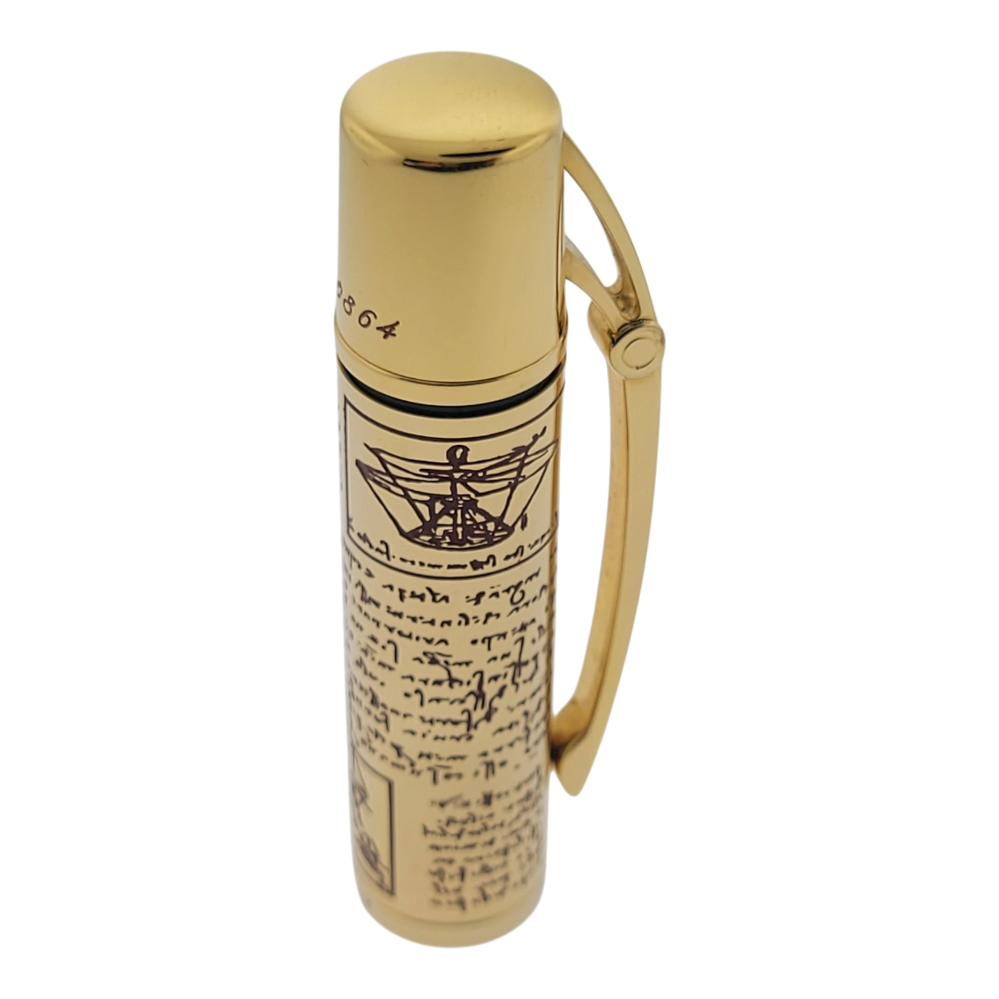 Preowned Aurora Limited Edition Leonardo Da Vinci Fountain Pen with gold finish and intricate sketch detailing, mint condition luxury pen.