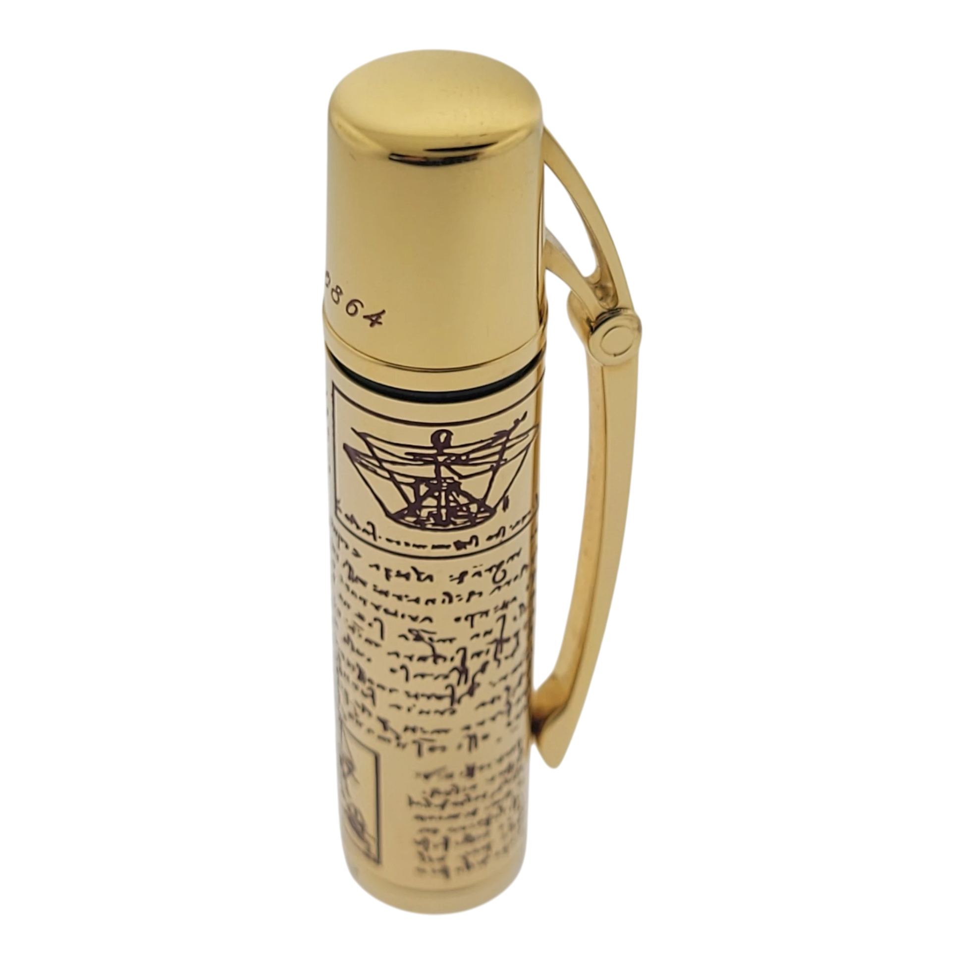 Preowned Aurora Limited Edition Leonardo Da Vinci Fountain Pen with gold finish and intricate sketch detailing, mint condition luxury pen.