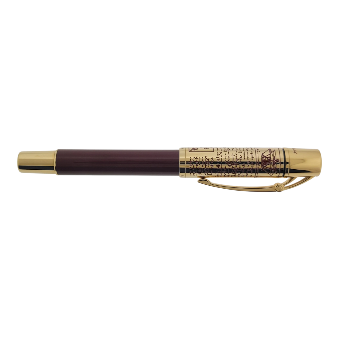 Preowned Aurora Limited Edition Leonardo Da Vinci Fountain Pen with gold detailing and elegant maroon body, luxury executive pen gift