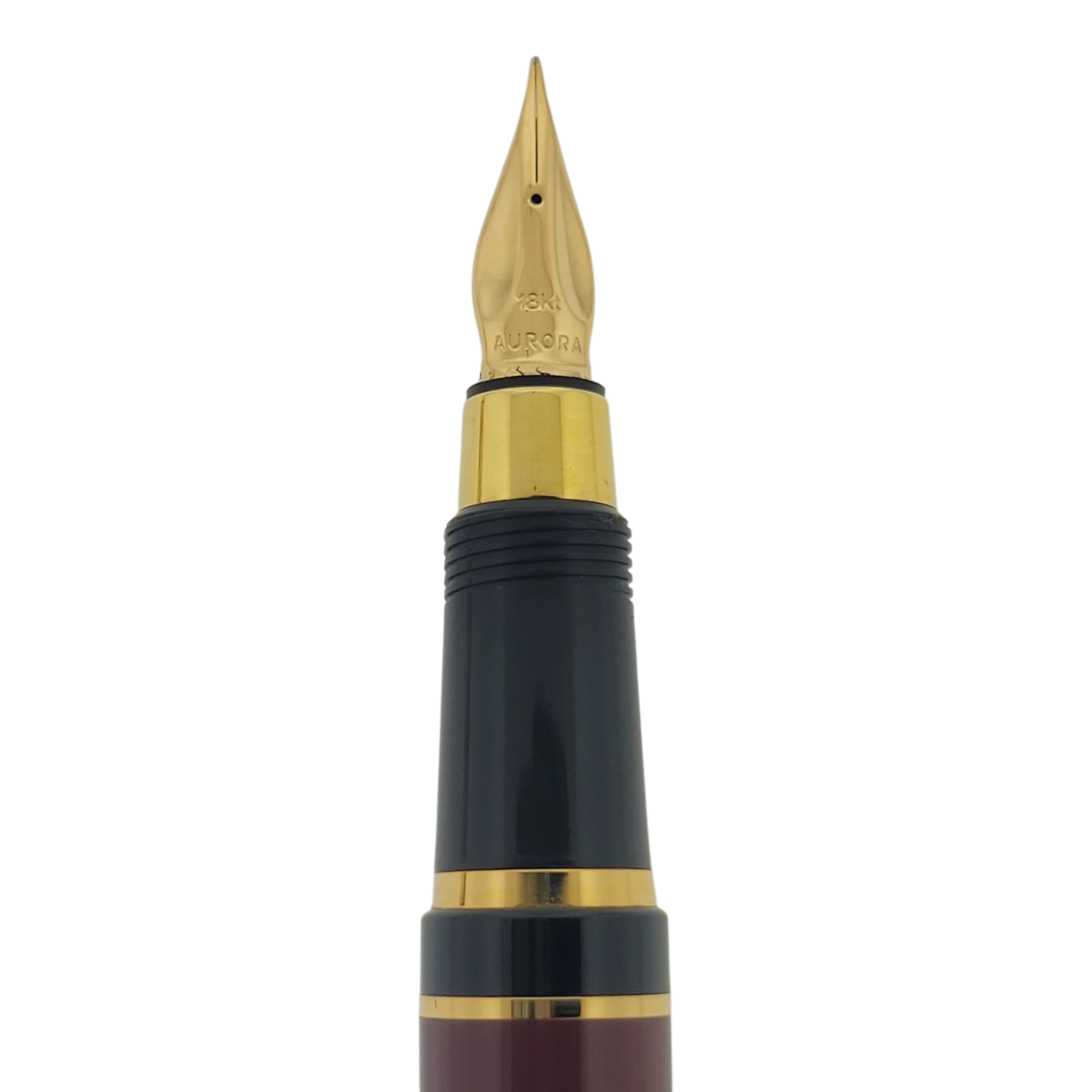 Preowned Aurora Limited Edition Leonardo Da Vinci Fountain Pen nib detail with gold accents and black grip section visible