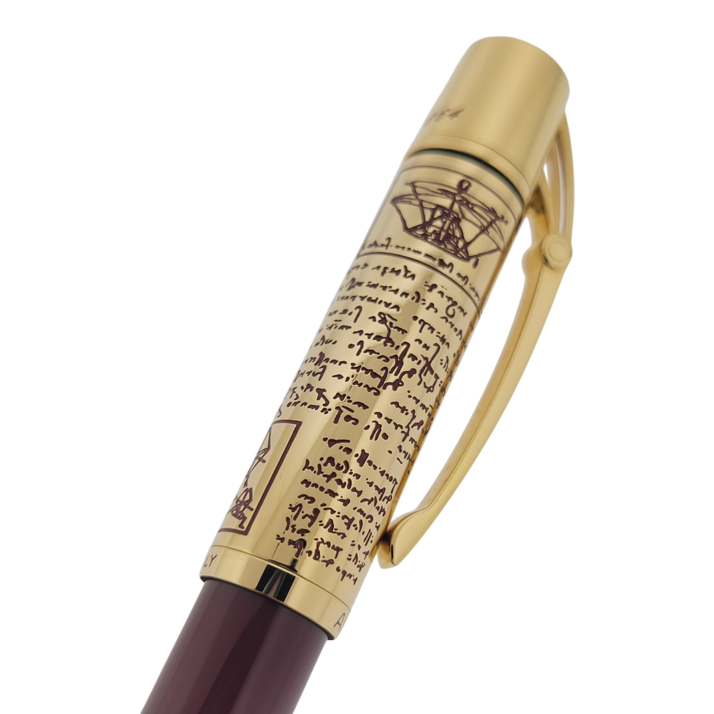 Preowned Aurora Limited Edition Leonardo Da Vinci Fountain Pen with gold accents and intricate script design on cap