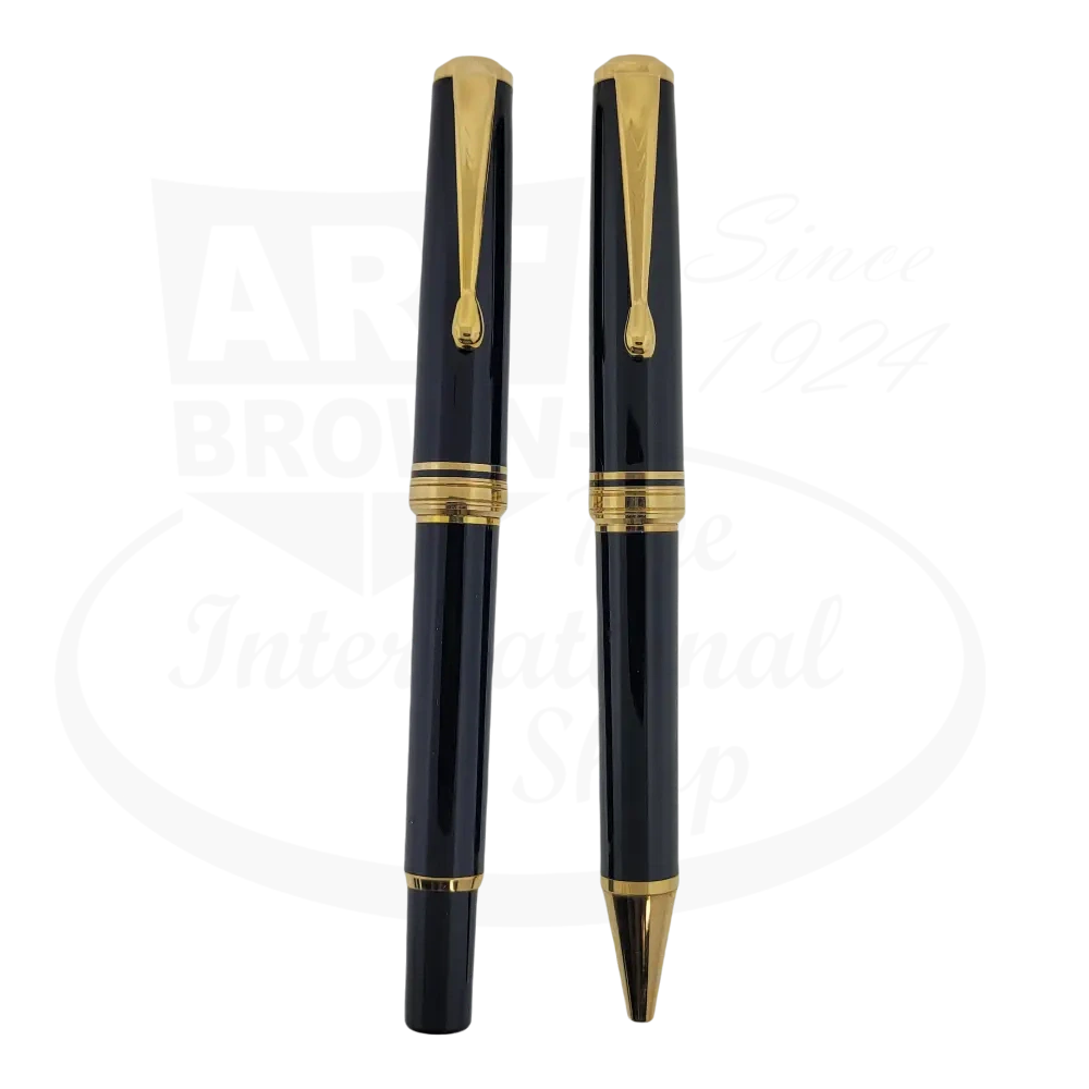 Unbranded refurbished fountain pen and ballpoint pen set in black resin with gold finish and 14 karat gold nib