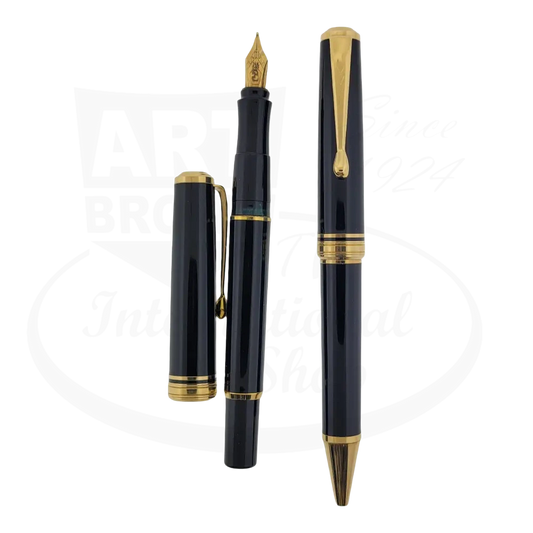 Unbranded refurbished fountain pen and ballpoint pen set in black resin with gold finish and 14 karat gold nib