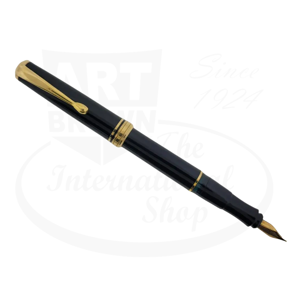 Unbranded refurbished fountain pen in black resin with gold finish and 14 karat gold nib
