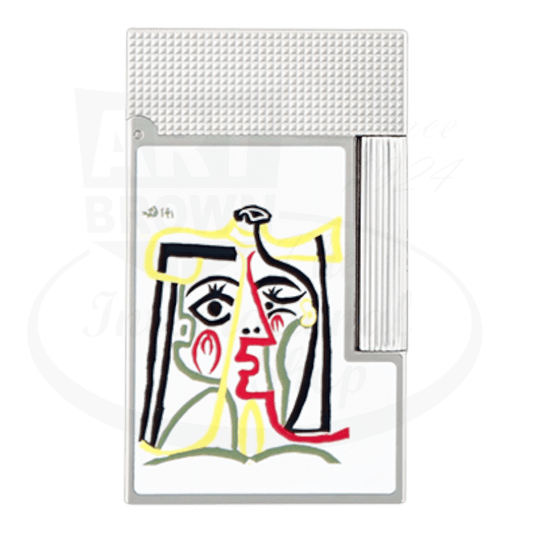 ST Dupont Ligne 2 Picasso C16001 lighter in white lacquer and palladium, featuring abstract art portraiture on glossy surface with textured metal top