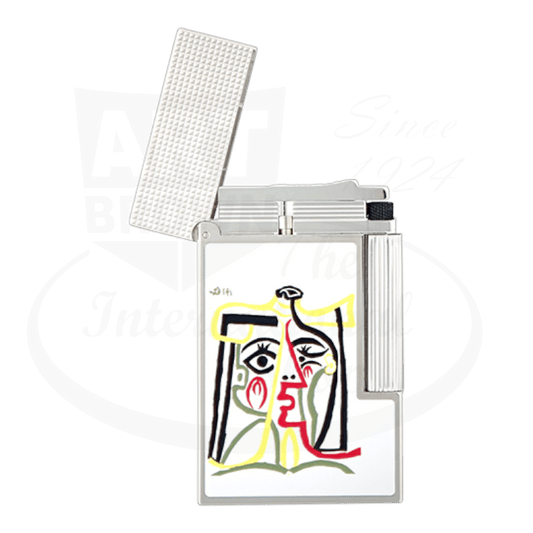 ST Dupont Ligne 2 C16001 Picasso Edition white lacquer palladium lighter featuring artistic portrait design, double flame mechanism, premium finish