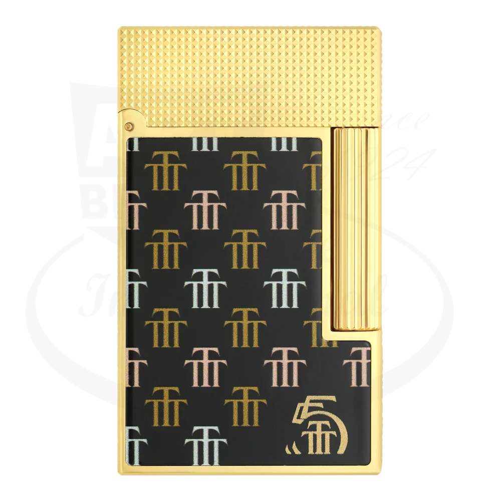 Front view of the S.T. Dupont Ligne 2 Trinidad lighter with gold and black design.