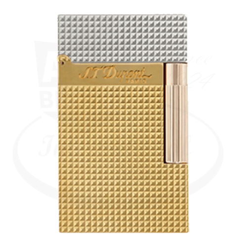 ST Dupont Ligne 2 C16140 luxury lighter in gold and silver palladium, featuring microdiamond pattern, signature engraving and vertical ridged flame adjuster