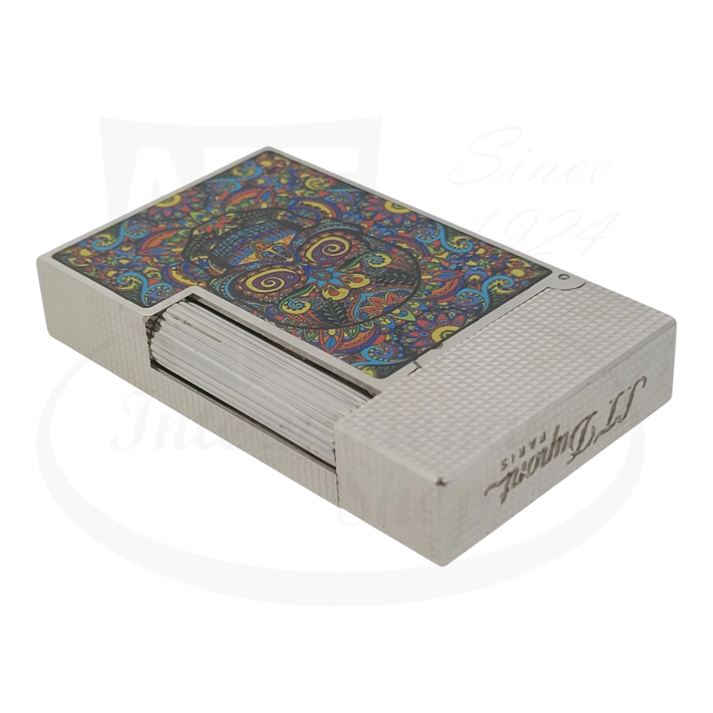 S.T. Dupont Ligne 2 C16393-D1 silver metal case with colorful microdiamond detailed decorative lid