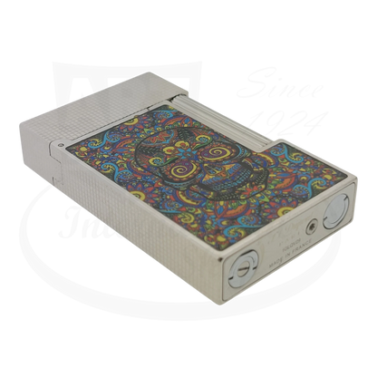 S.T. Dupont Ligne 2 C16393-D1 silver metal lighter with colorful microdiamond skull design on front panel
