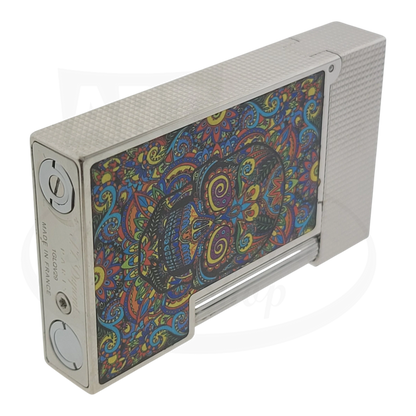S.T. Dupont Ligne 2 C16393-D1 silver microdiamond lighter with colorful skull design and vivid Mexican art panel