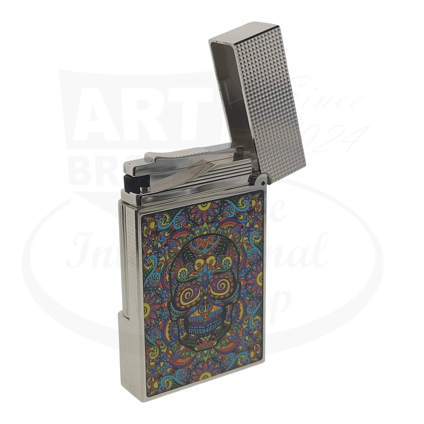 S.T. Dupont Ligne 2 C16393-D1 metal lighter with multicolor Day of the Dead skull microdiamond pattern panel